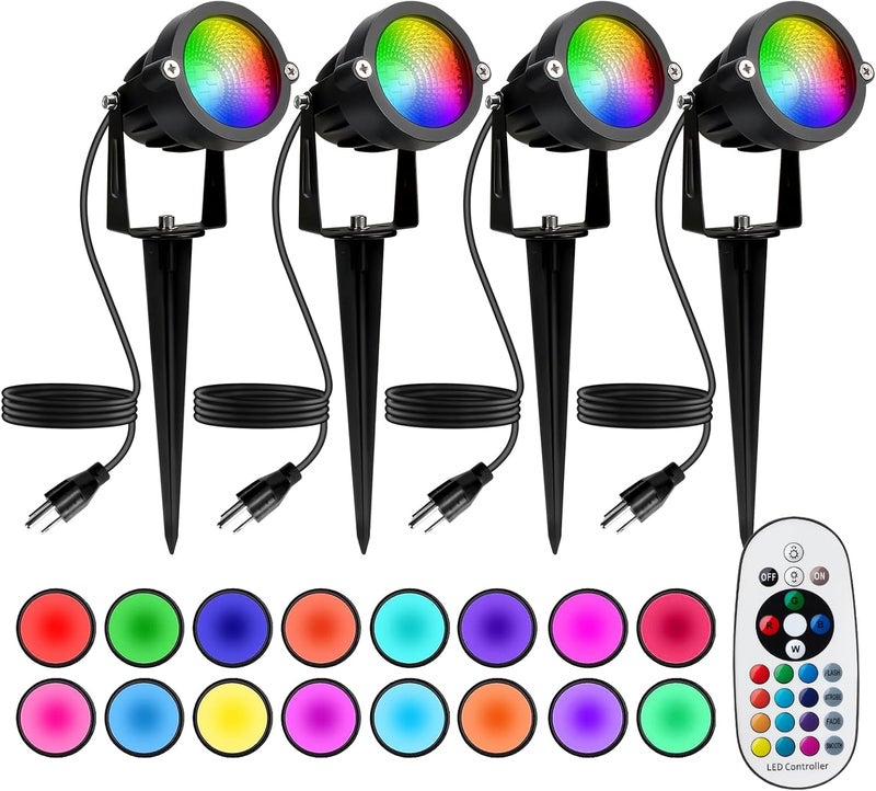 BeeLinks Halloween Christmas Spotlight Outdoor: 12W RGBW LED Spot Lights Outdoor with 16 Color Changing for Yard Garden Decor | 4 Pack of IP65 Waterproof 120V Plug in Landscape Lighting with Remote - Image 1
